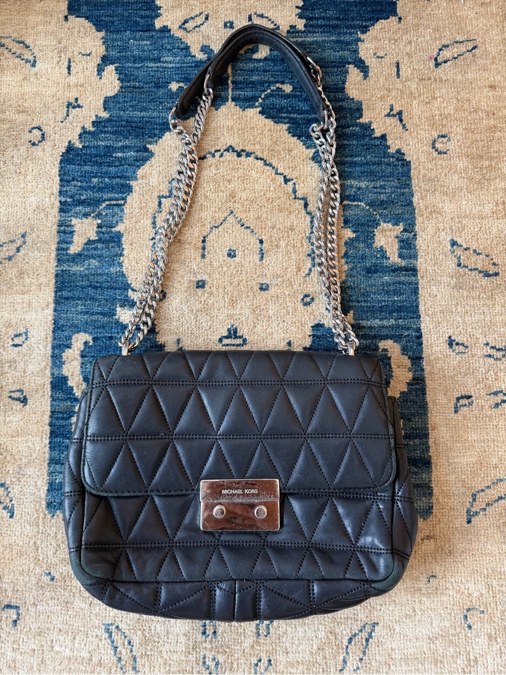 Michael Kors Sloan Black Quilted Leather Shoulder Bag with Silver Hardware